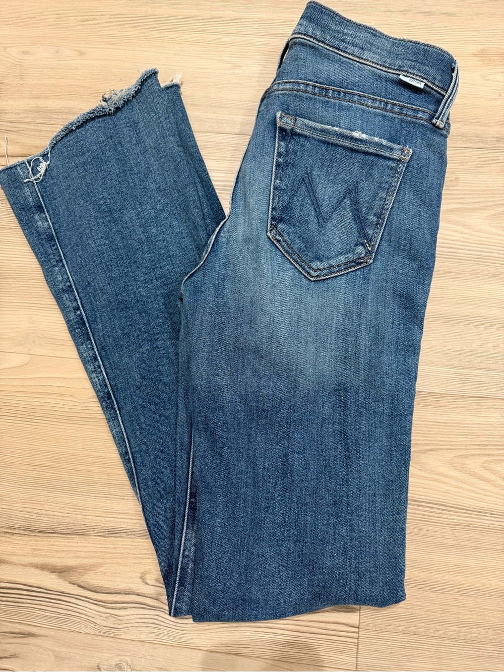 MOTHER Blue Mid-Rise Flare Jeans with Raw Hem - Picture 2 of 5